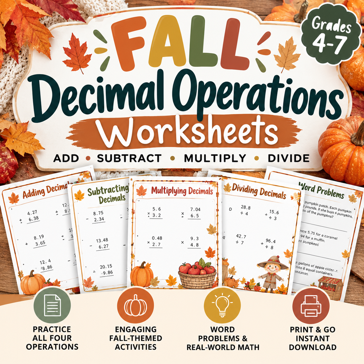 Fall Decimal Operations Worksheets | Add, Subtract, Multiply & Divide Decimals