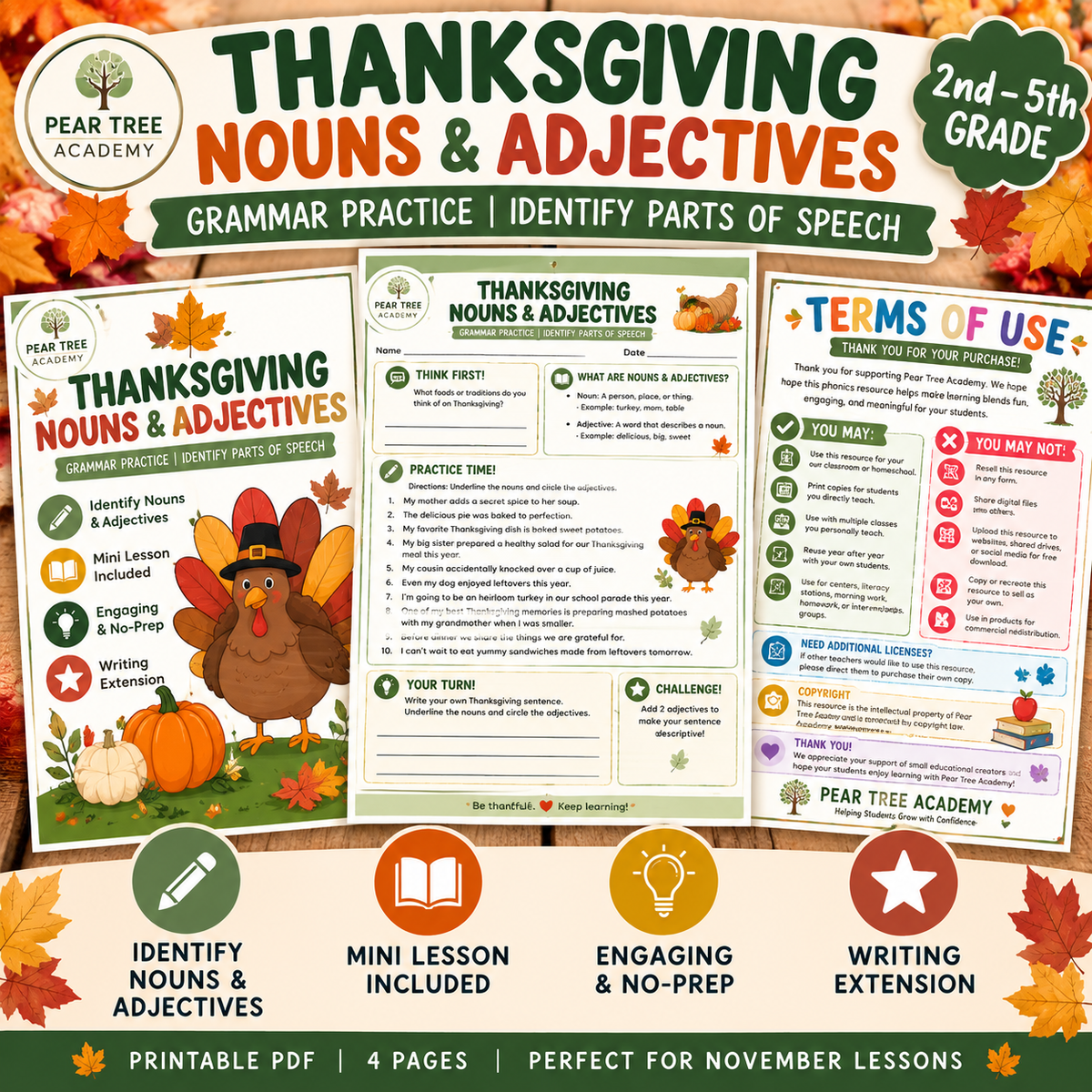 Thanksgiving Nouns & Adjectives Worksheet | Fall Grammar Practice | Grades 2–5