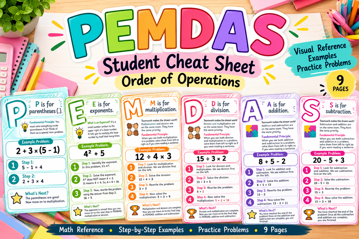 PEMDAS Student Cheat Sheet | Order of Operations Visual Reference | Math Binder
