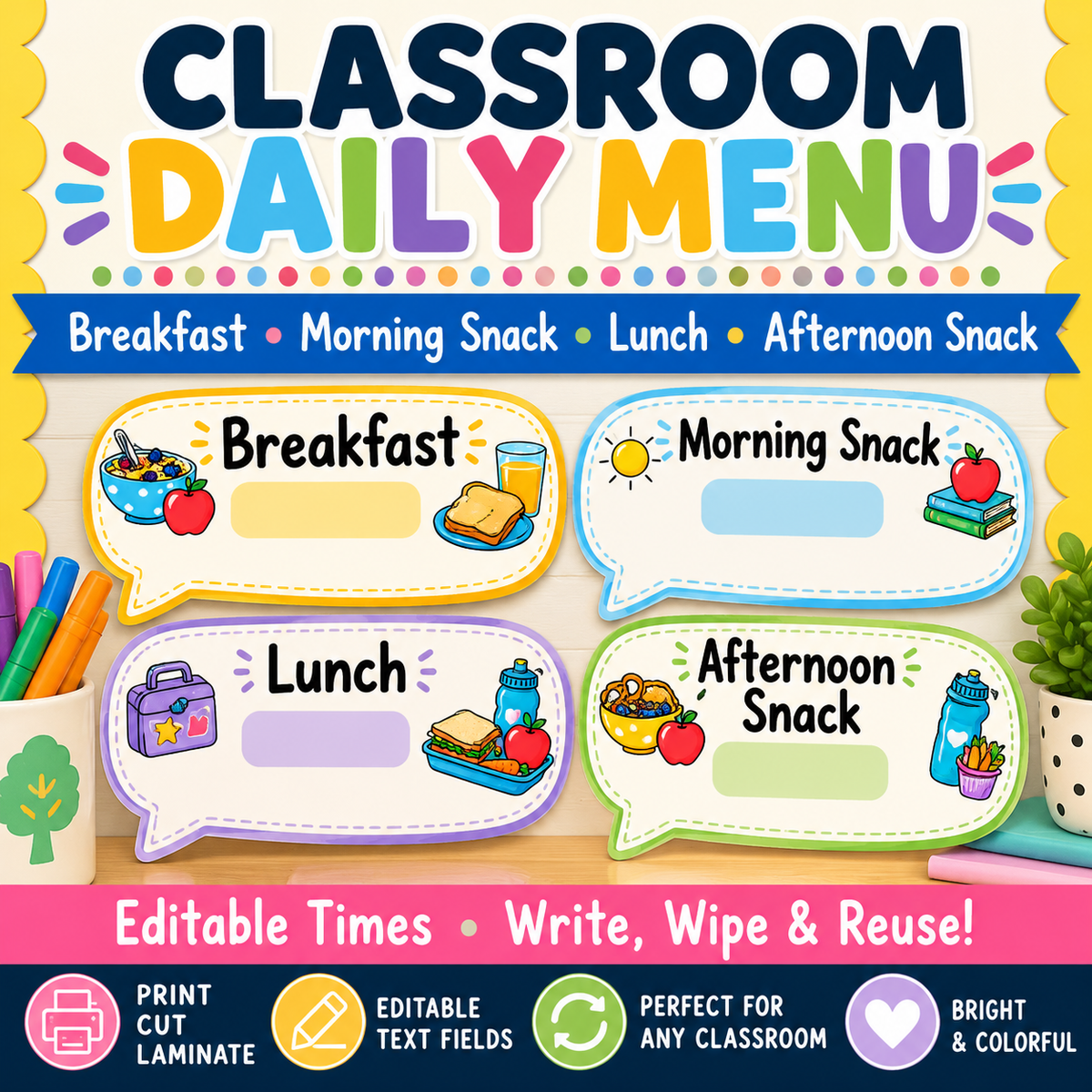 Classroom Meal & Snack Menu Display | Editable Daily Menu Bulletin Board Signs